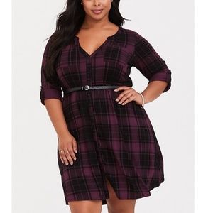 Burgundy plaid button up shirt dress
